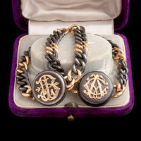 Early 20th Century French Gunmetal & Gold Monogram Locket Bracelets