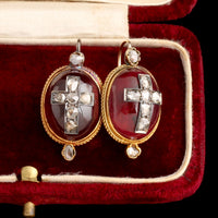 Mid Victorian Garnet Cabochon & Diamond Cross Earrings