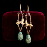 Egyptian Revival Sphinx & Faience Gilt Silver Earrings