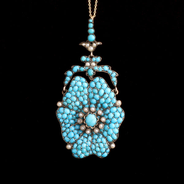 Georgian Turquoise & Pearl Pansy Pendant