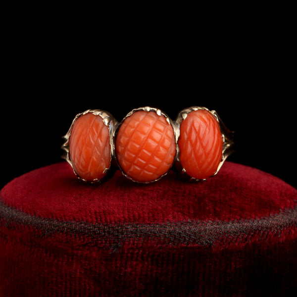 Georgian Pineapple Carved Coral Three Stone Ring