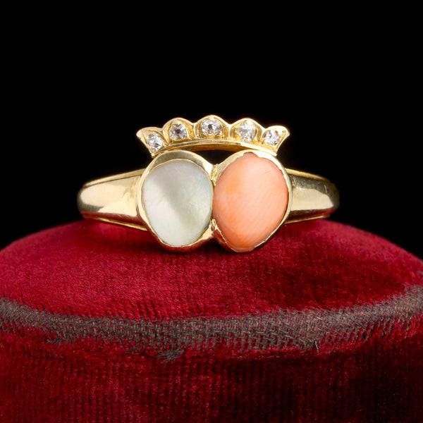 Victorian Nacre & Coral Twin Hearts Ring