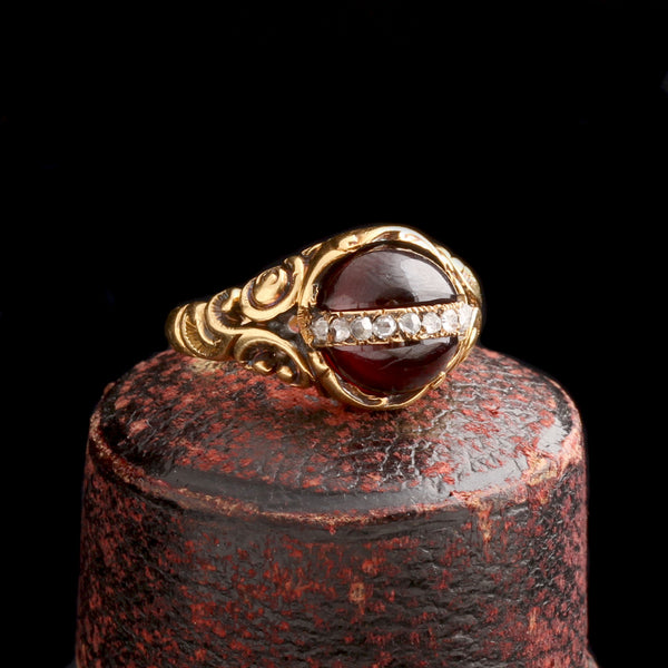 Victorian Garnet Cabochon Diamond Arc Ring